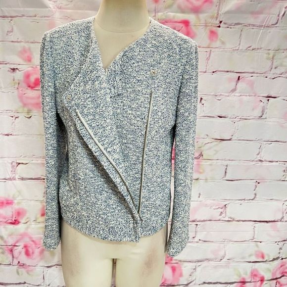 Joie Women's Hidden Zip-Up Tweed Long Sleeve Blue / White Moto Jacket Size L - Picture 5 of 13